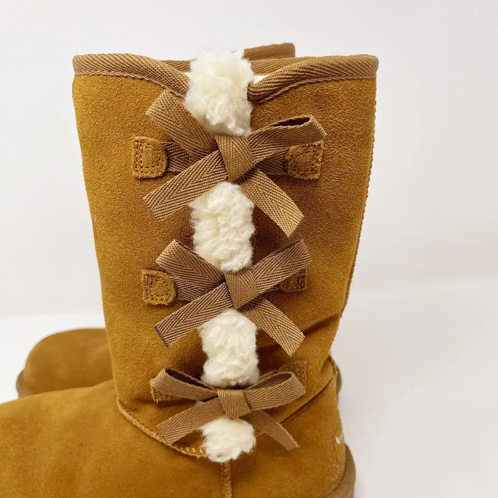 Koolaburra by UGG Suede Bow Tall Boots Tan Chestnut Victoria Womens Size 5 Cozy